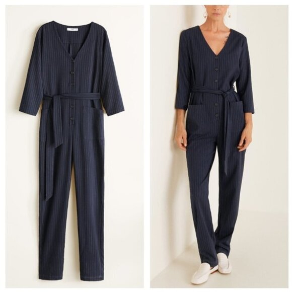 MANGO Navy Striped Long Belted Jumpsuit Pockets V Neck Size XSMALL - Picture 1 of 12